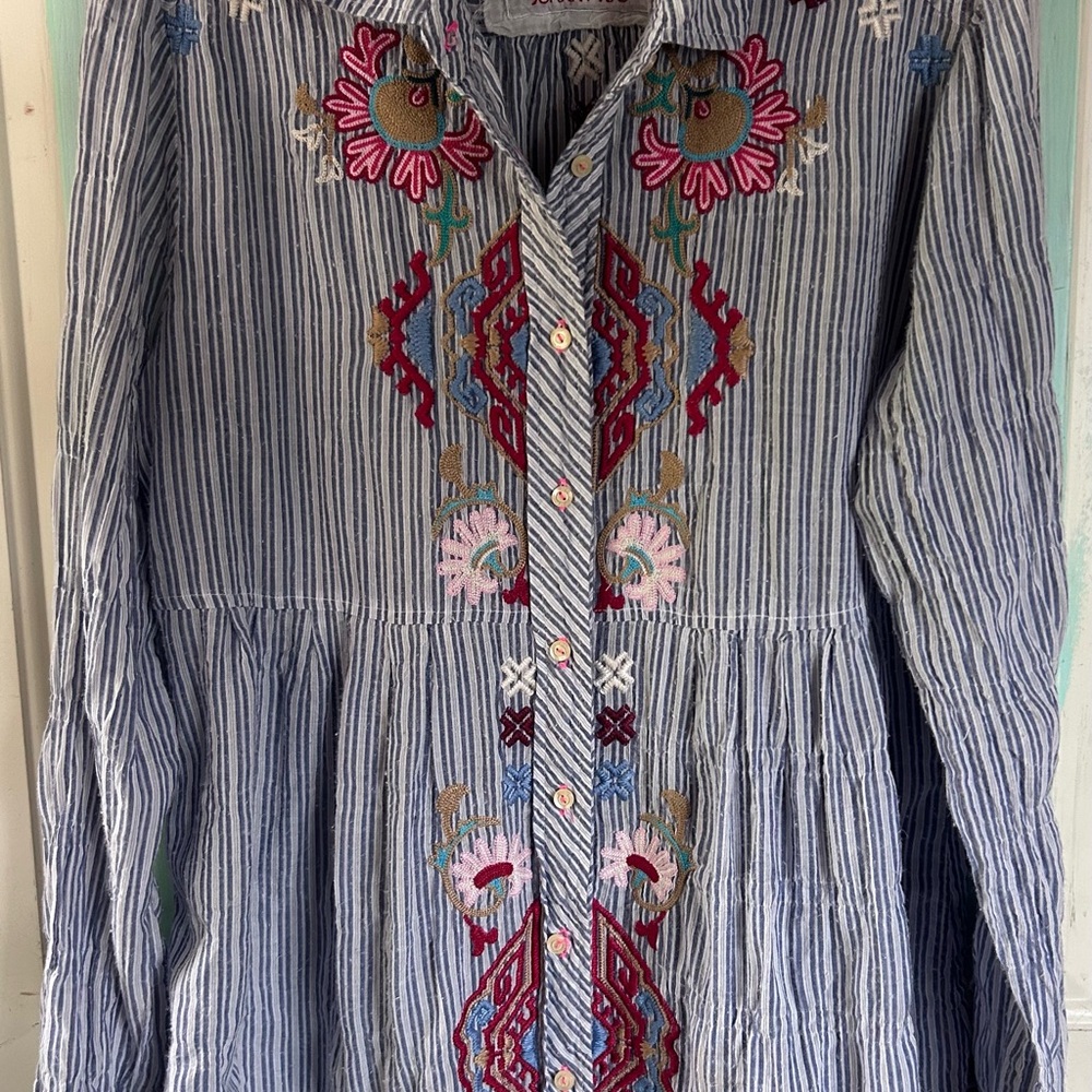 Johnny Was Blue Striped Floral Embroidered Raw Shirt